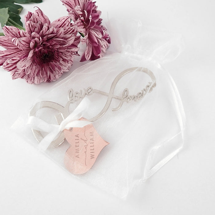 Infinity Bottle Opener with Customised Engraved Acrylic Rose Gold Gift Tag Wedding Favour