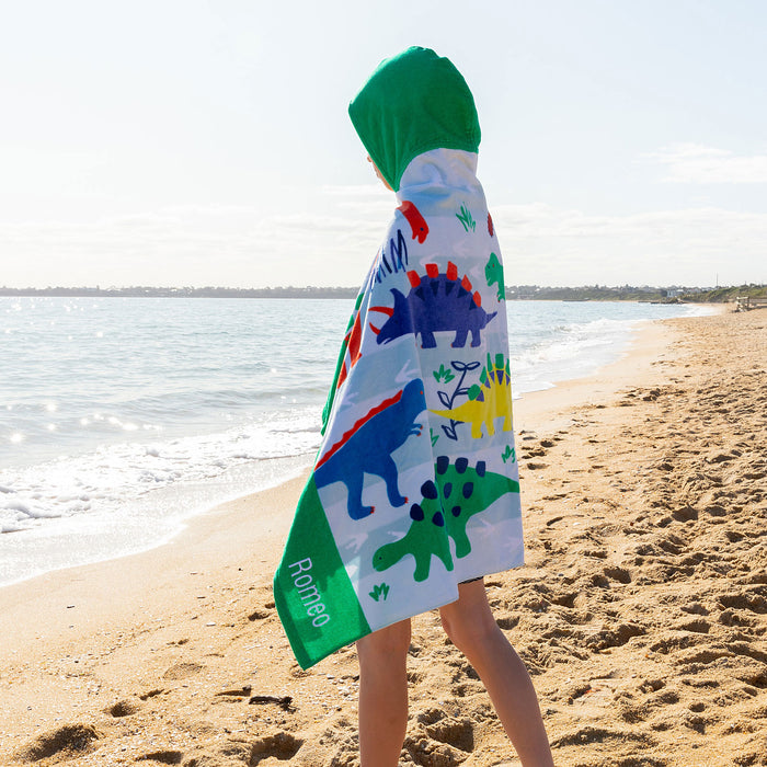 Custom Artwork Embroidered Name Boy Dinosaur Hooded Beach Towel