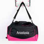 Personalised pink duffle bag for kids with name embroidered on front – great Christmas gift