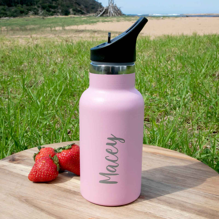 Personalised Engraved Blush Pink Kids Small Water Bottle with pop up lid