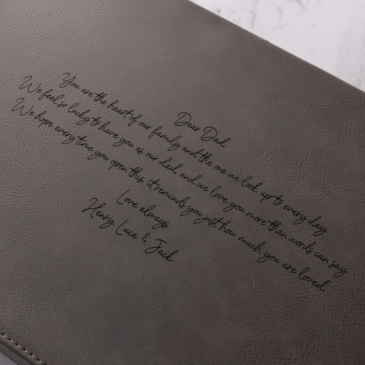Grey leatherette memory box engraved with a name, perfect for storing photos, jewellery and treasured keepsakes.