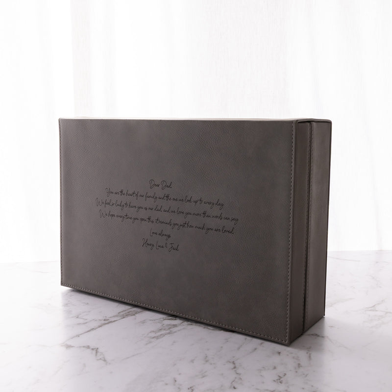 Custom engraved grey leatherette gift box for birthdays, Father's Day, Christmas and other special occasions.
