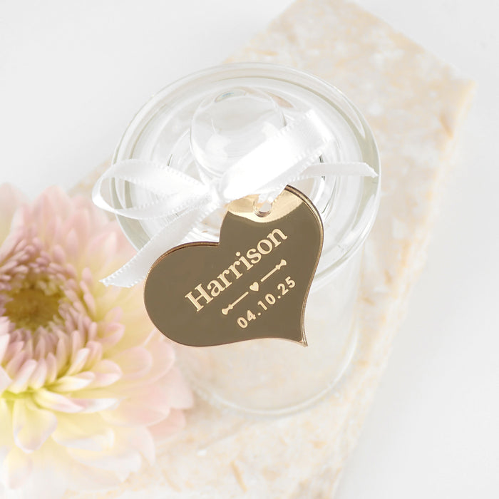 Lolly jars with french tip lid and attached engraved personalised gold acrylic gift tag