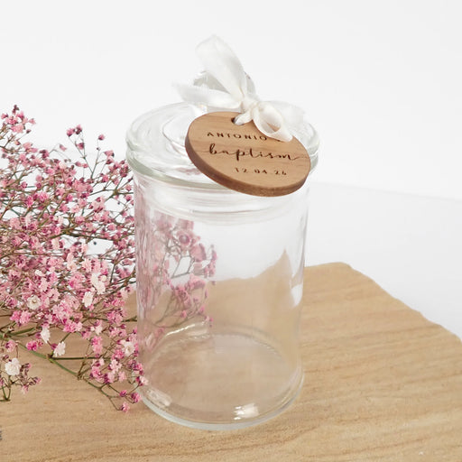 Personalised Engraved Heart shaped Gift Tags on Lolly Round Jars for Christening, Baptisms, Naming Days and Baby Showers