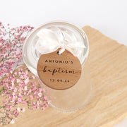 Customised Engraved Round shaped Gift Tags on Lolly Round Jars for Christening, Baptisms, Naming Days and Baby Showers