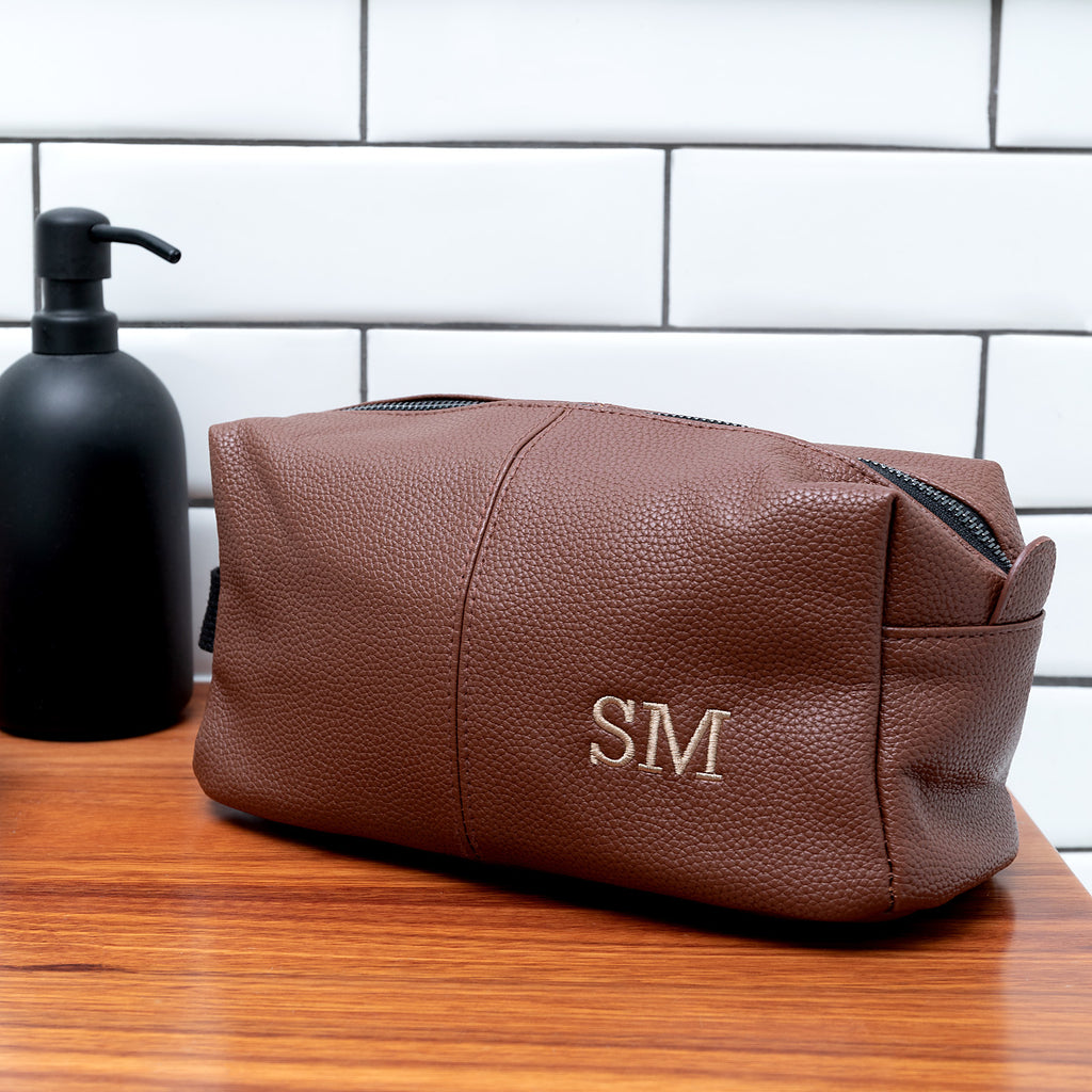 Mens leather travel toiletry bag on sale