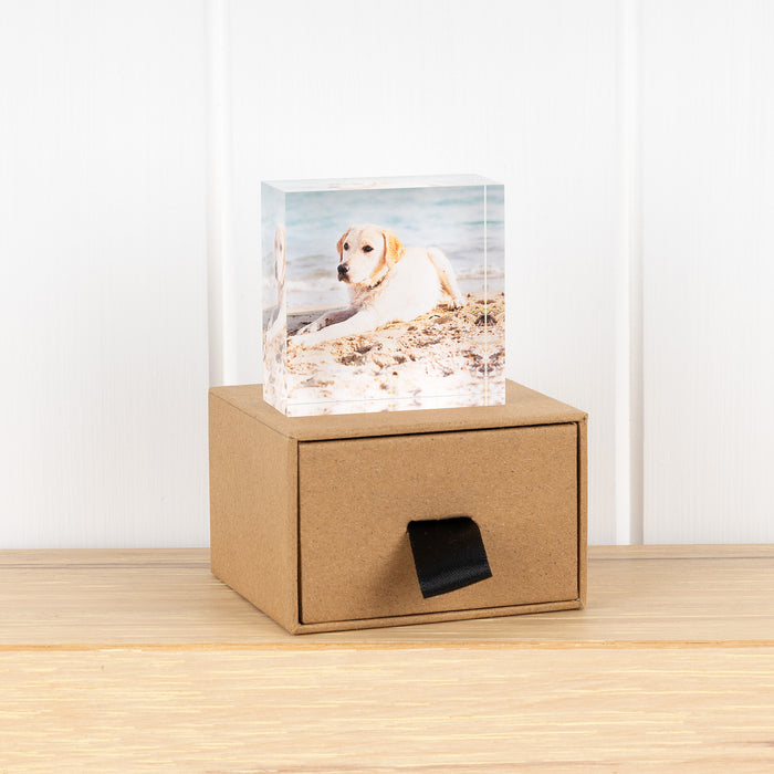 Small 25mm thick clear acrylic photo block freestanding display