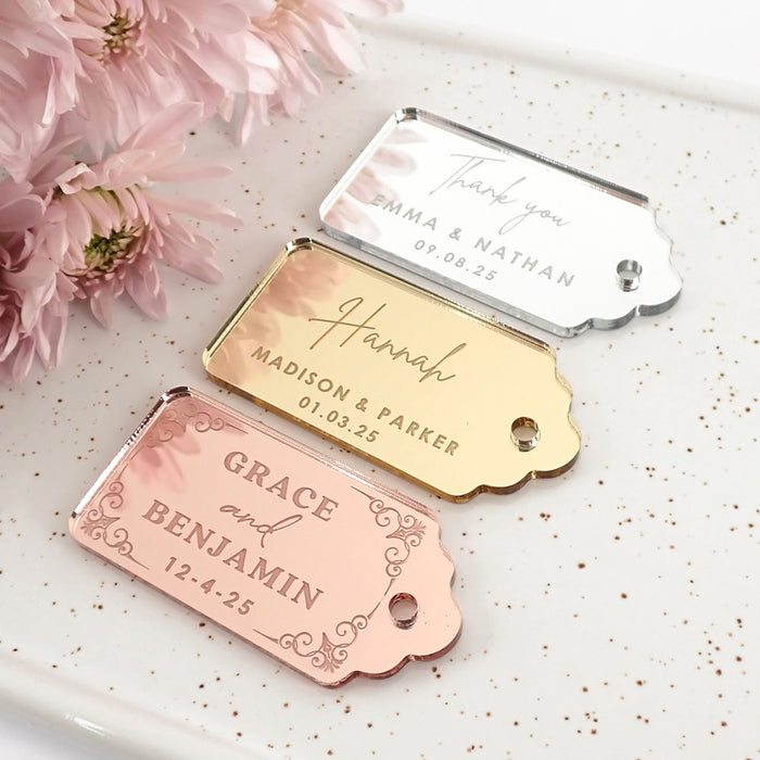 Custom Engraved Guest Name Mirror Gold, Silver and Rose Gold Rectangle Wedding Favour Gift Tags