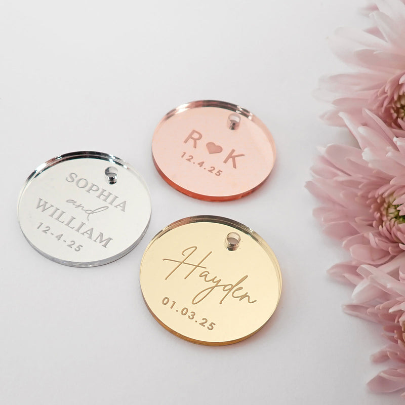 Personalised Engraved circle Round Mirror Acrylic Wedding Favour Gift Tags
