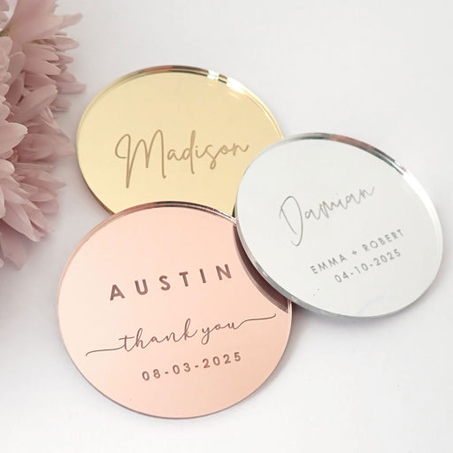 Personalised Engraved Round Mirror Rose Gold Acrylic Wedding Reception Place Cards