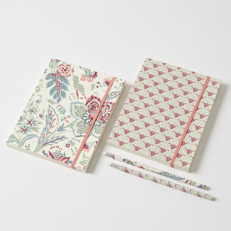Set of 2 notebooks and pencils gift set in kraft box with patterned covers