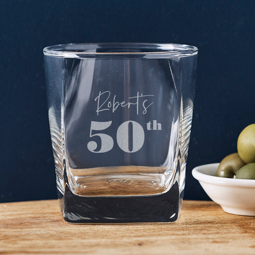 Laser engraved personalised 50th birthday whiskey glass – a unique birthday gift for whiskey, bourbon, and scotch lovers.