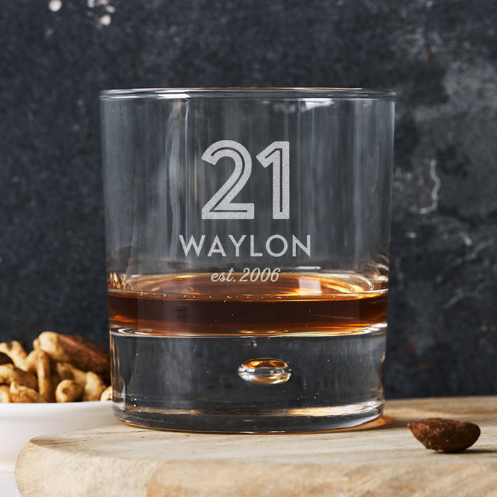 Personalised 305ml round whiskey glass, unique gift for celebrating a 21st birthday milestone