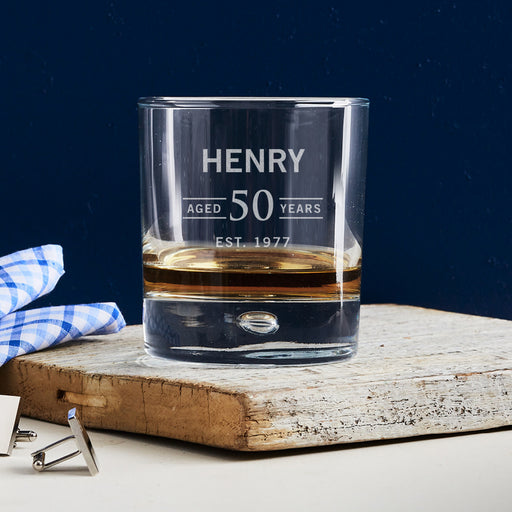 Personalised 50th birthday whiskey glass – a unique birthday gift, laser engraved with name and date for a timeless keepsake.