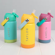 Personalised 360ml kids’ reusable water bottle with flip top straw