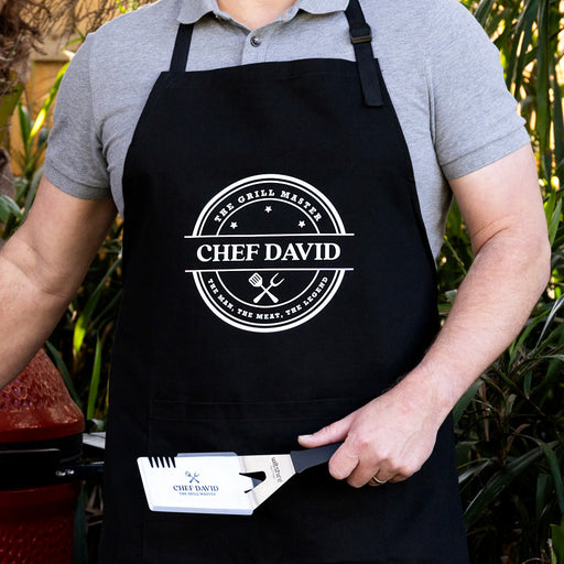 Custom BBQ gift set including a printed BBQ apron and laser engraved BBQ tool personalised with any name or nickname.