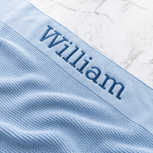Soft blue cotton baby blanket personalised for newborn