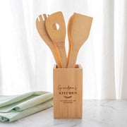 Personalised bamboo kitchen utensil set with engraved holder, perfect gift for birthdays, Mother’s Day or Christmas