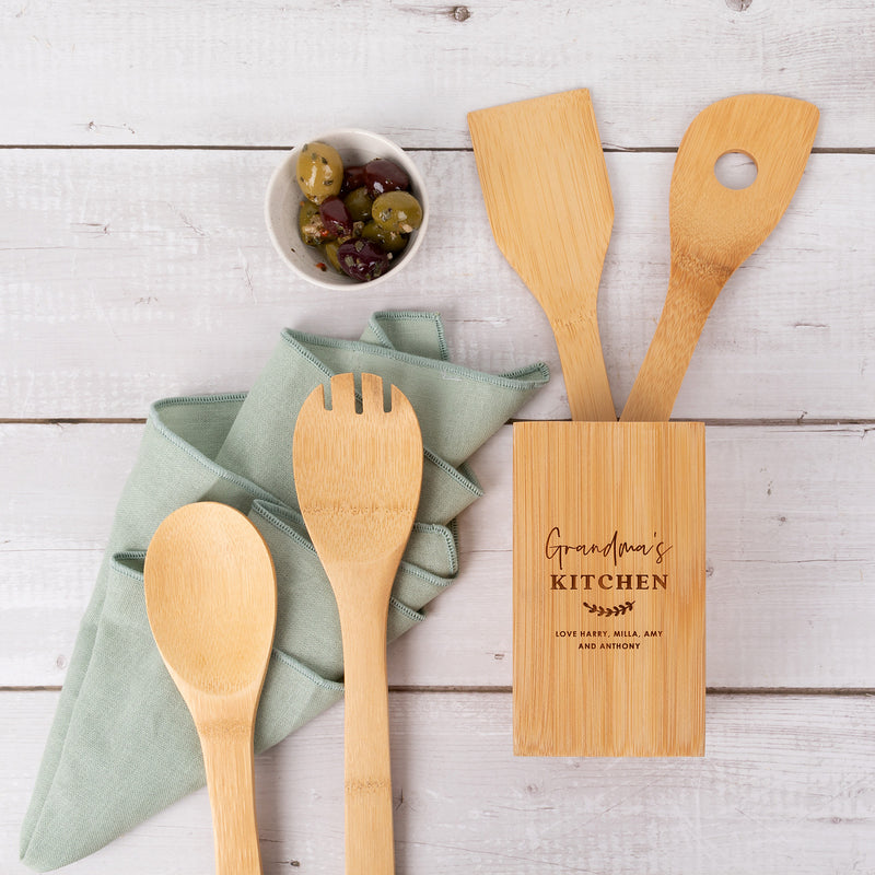 Eco-friendly bamboo cooking utensil set presented in kraft gift box, engraved with your choice of design