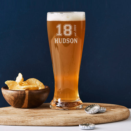 Personalised 425ml beer glass engraved with '18th Birthday' – a unique gift