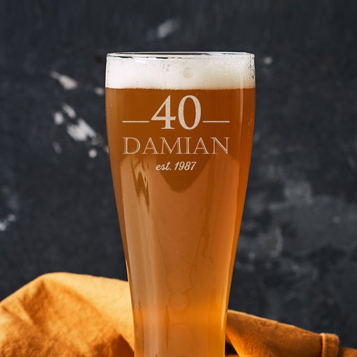 Custom engraved 40th birthday beer glass – unique and stylish gift idea for beer lovers.