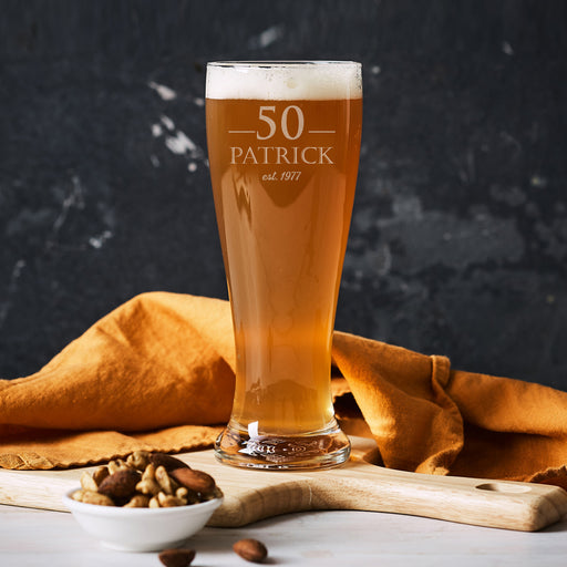 Personalised 50th birthday beer glass – a unique birthday gift, laser engraved with name and date for beer lovers celebrating a milestone.