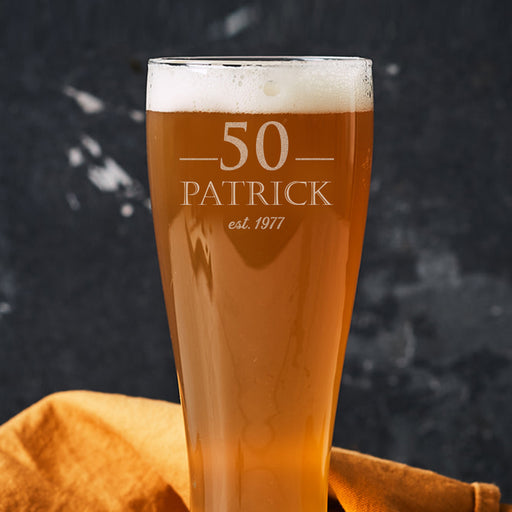 Laser engraved personalised 50th birthday beer glass – the perfect unique birthday gift for beer enthusiasts to enjoy their favourite brew in style.