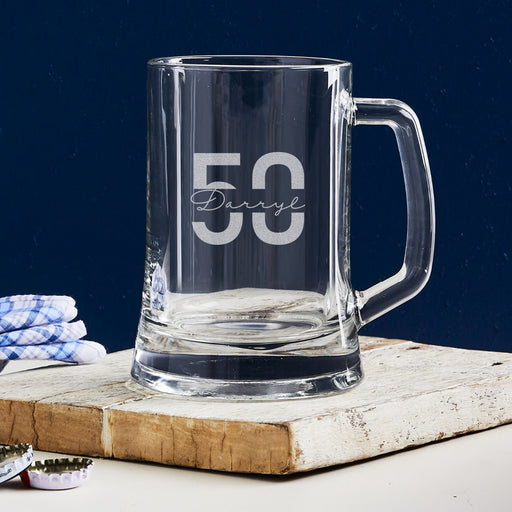 Personalised 50th birthday beer mug – a unique birthday gift, laser engraved with name and date for beer lovers celebrating a milestone.