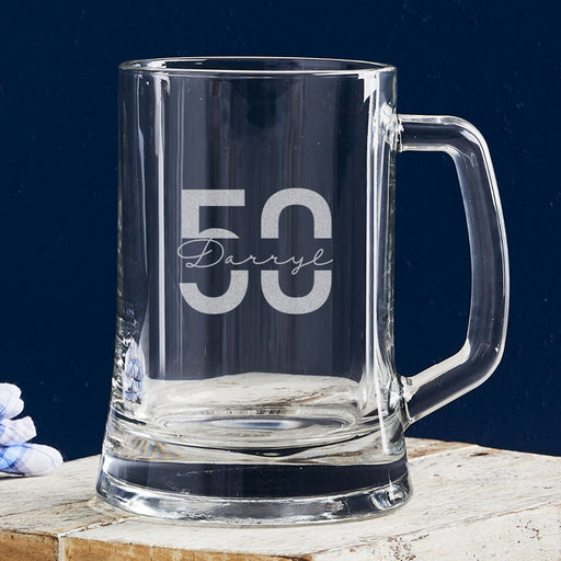 Laser engraved personalised 50th birthday beer mug – the perfect unique birthday gift for enjoying lager, ale, or craft beer in style.