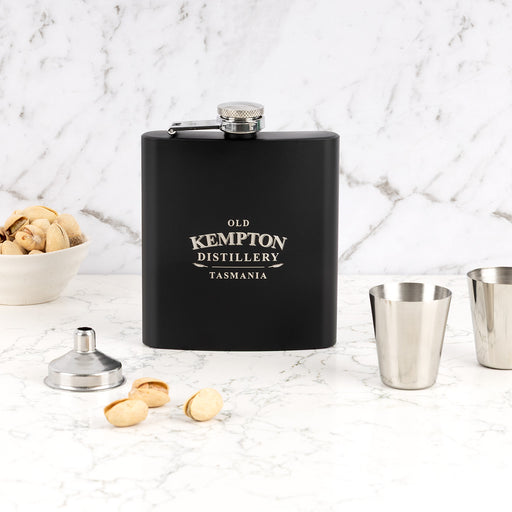 Personalised black hip flask gift set with engraved logo and silver finish