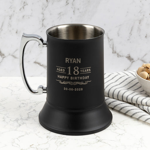 Personalised metal beer mug engraved for 18th birthday with matte black finish