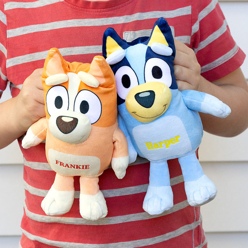Personalised Bluey & Bingo soft toy with child’s name printed on the belly
