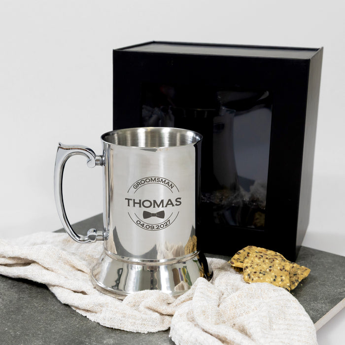 Custom-engraved wedding keepsake mug with names, titles, and wedding date