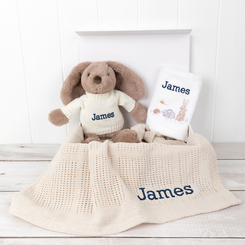 Personalised baby hamper with bunny, blanket and face washer in gift box