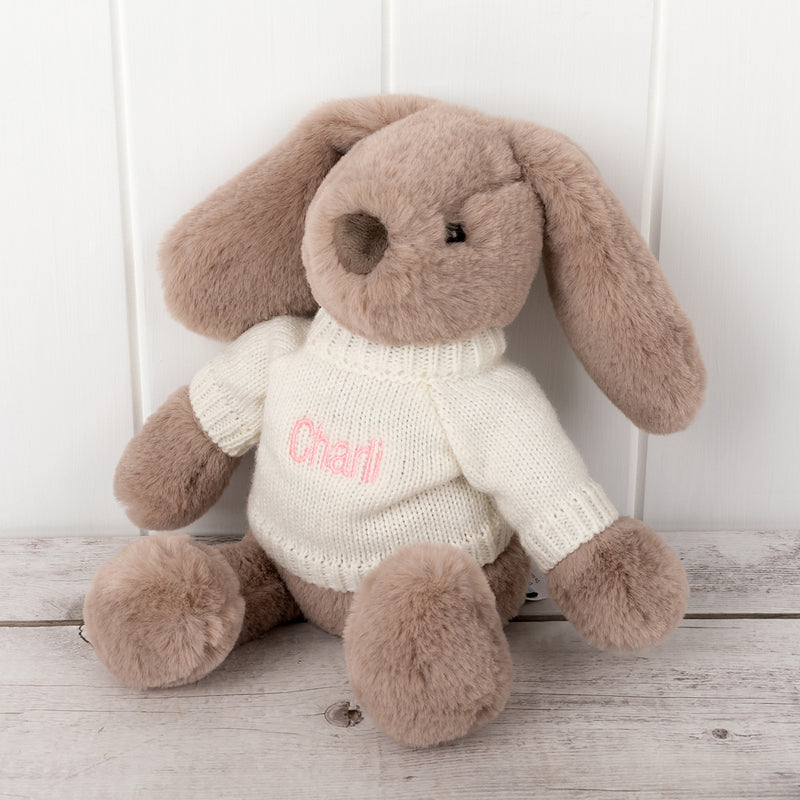 Soft cuddly bunny toy with custom name embroidery on jumper, ideal for babies and toddlers