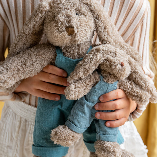 Soft and cuddly personalised bunny toy set with matching blue outfits, perfect for newborns, birthdays, Easter, or Christmas gifts.