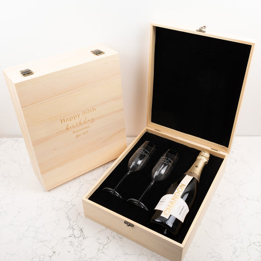 Personalised champagne gift set with engraved flutes and wooden box