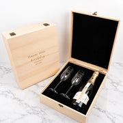 Personalised champagne gift set with engraved flutes and wooden box