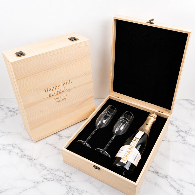 Personalised champagne gift set with engraved flutes and wooden box
