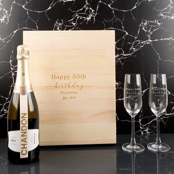 Luxury champagne gift set with personalised details and premium wooden box