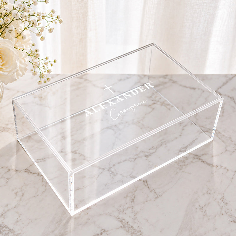 Clear acrylic Christening gift box personalised with child’s name