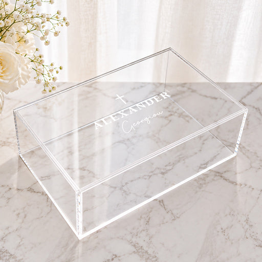 Clear acrylic Christening gift box personalised with child’s name