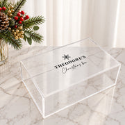 Personalised clear acrylic Christmas box with name and festive design