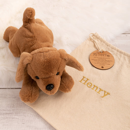 Customised Embroidered & Engraved Child's Name Comfort Puppy with Travel Bag