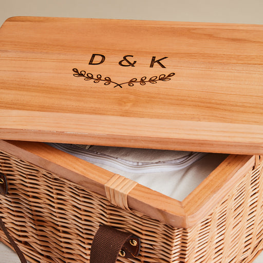 Custom rectangle cooler picnic basket with wooden lid engraving.