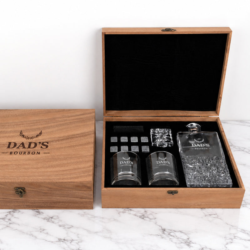 Personalised walnut gift boxed decanter set with whiskey glasses and stones for Father’s Day