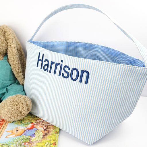 Personalised baby blue Easter basket with embroidered name and checkered interior