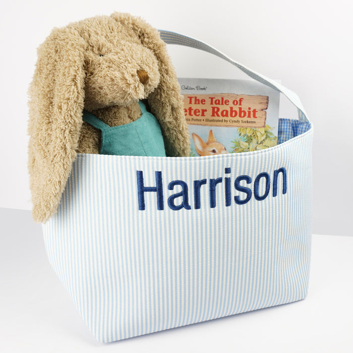 Blue Easter basket with carry handle, perfect for egg hunts and hampers