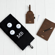 Personalised golf gift hamper with engraved leatherette accessories, printed golf balls and embroidered black golf towel