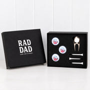 Personalised Father’s Day golf gift set in an engraved black keepsake box with custom photo golf balls, tees and ball marker.